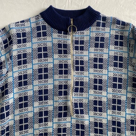 VINTAGE 70s Alexanders Blue White Plaid Half Zip Pullover Sweater - Picture 4 of 10
